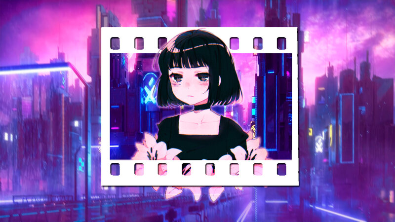 Anime Girl in City — Purple, Futuristic, Night