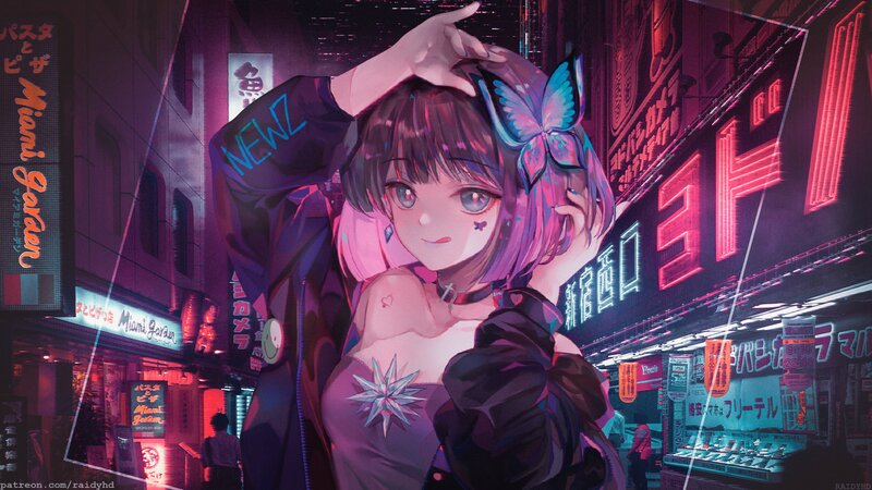 Anime Girl in City — Purple, Nocturnal, Night, Digital Art, Neon Signs