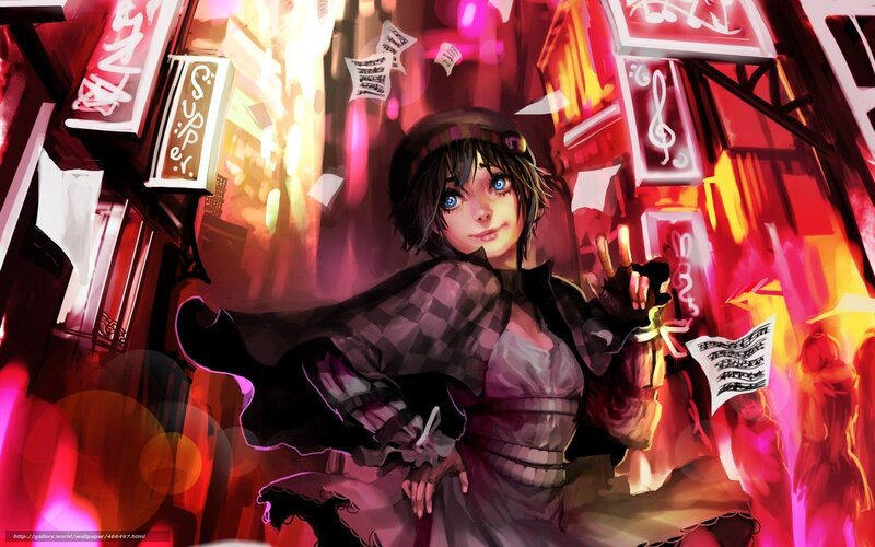 Anime Girl in City — Red, Dramatic, Night, Digital Art, Neon Signs