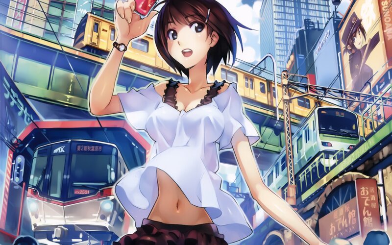Anime girl in city with trains