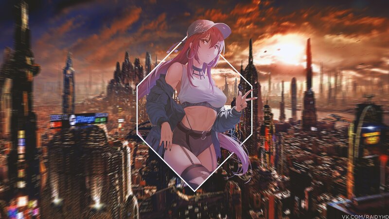 Anime Girl in Cityscape — Orange, Dramatic
