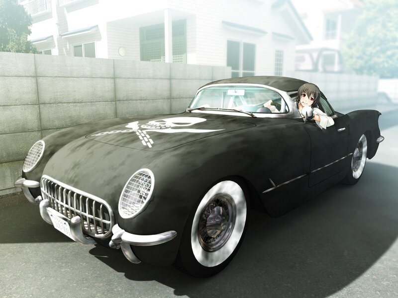 anime girl in classic car