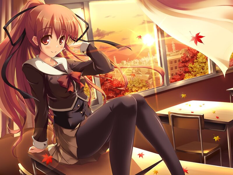 Anime girl in classroom at sunset
