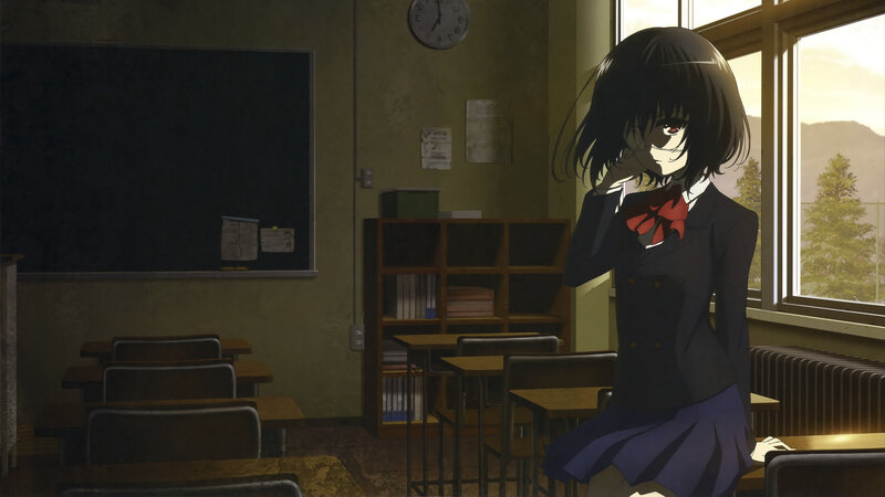 Anime Girl in Classroom — Black, Dramatic, Sunset