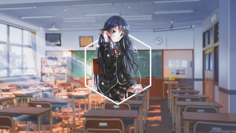 Anime Girl in Classroom — Blue, Calm, Afternoon, Desk, School Uniform