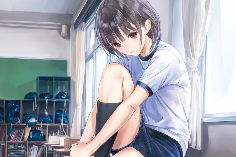 Anime Girl in Classroom — Blue, Calm, Afternoon, Digital Art