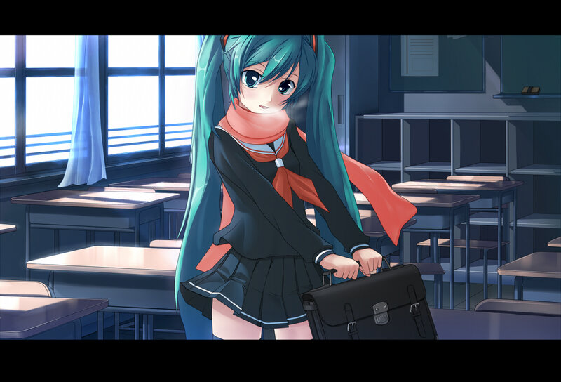 Anime Girl in Classroom — Blue, Calm, Afternoon, School Desk