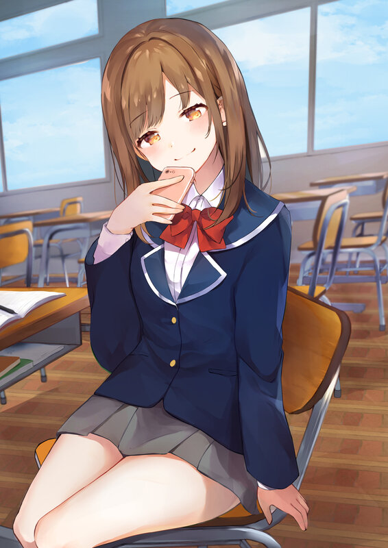 Anime Girl in Classroom — Blue, Calm, Afternoon, School Uniform