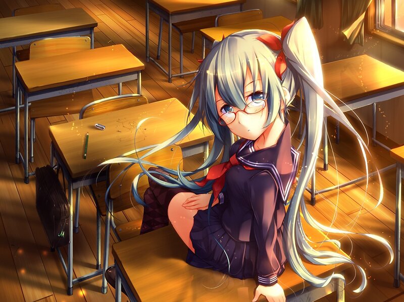 Anime Girl in Classroom — Blue, Calm