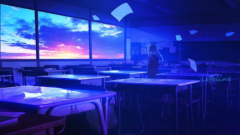 Anime Girl in Classroom — Blue, Dramatic, Sunset