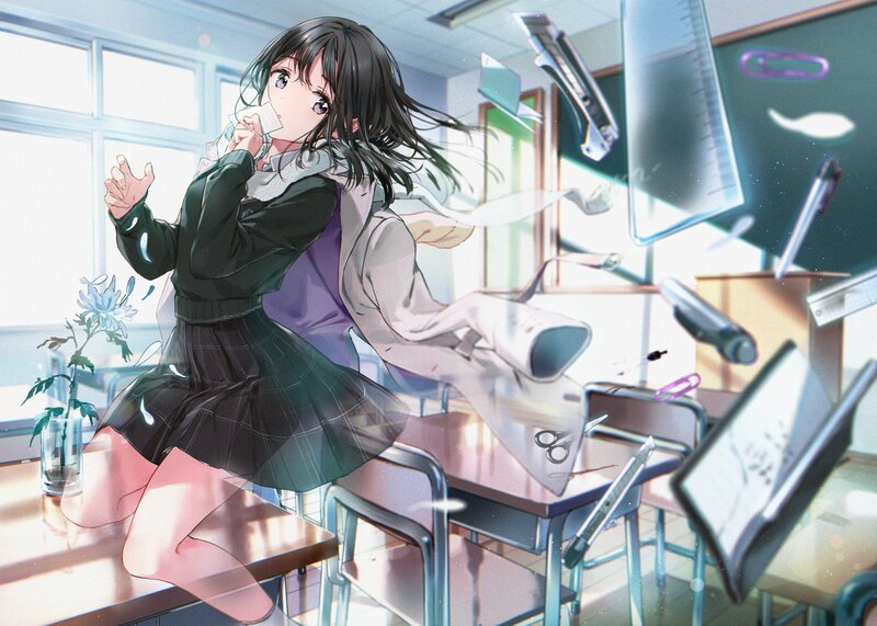 Anime Girl in Classroom — Blue, Dynamic