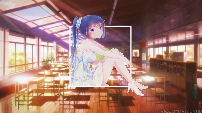 Anime Girl in Classroom — Blue, Serene, Afternoon, Desk