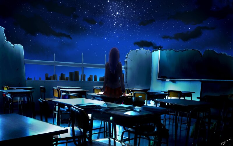 Anime Girl in Classroom — Blue, Serene, Night