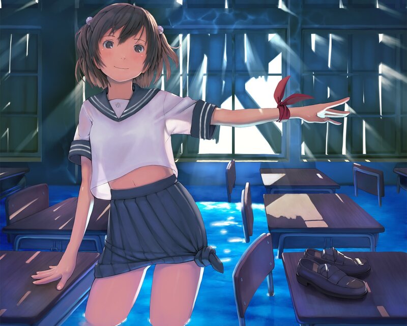 Anime Girl in Classroom — Blue, Serene