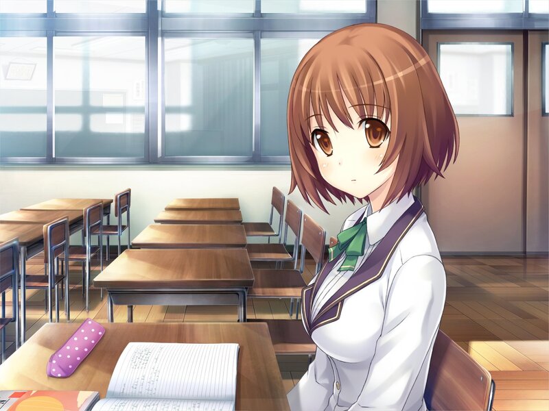 Anime Girl in Classroom — Brown, Calm, Morning, School Desk