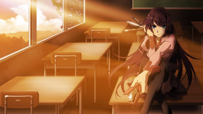 Anime Girl in Classroom — Brown, Dramatic, Sunset, Desk