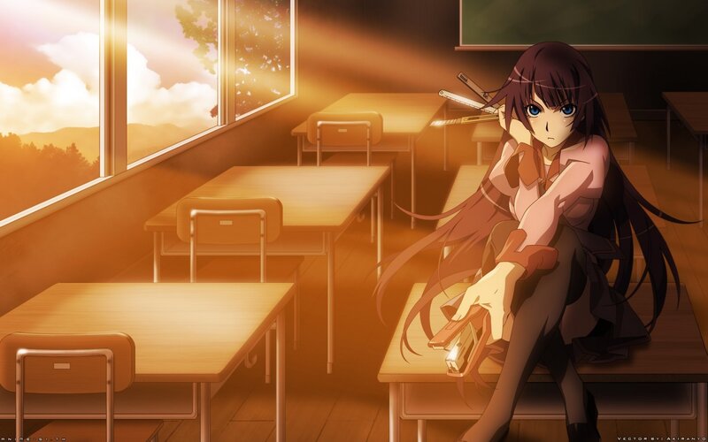 Anime Girl in Classroom — Brown, Dramatic, Sunset, Desk, Window