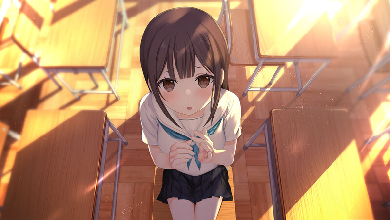 Anime Girl in Classroom — Brown, Serene, Afternoon, Digital Art