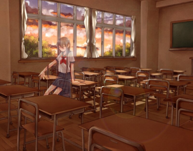 Anime Girl in Classroom — Brown, Serene