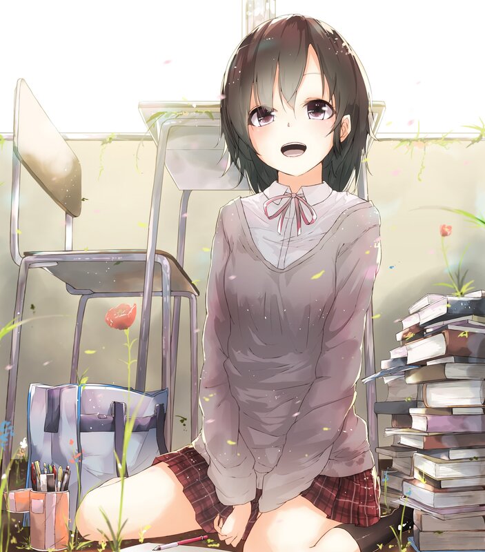 Anime Girl in Classroom — Gray, Calm, Afternoon, Books
