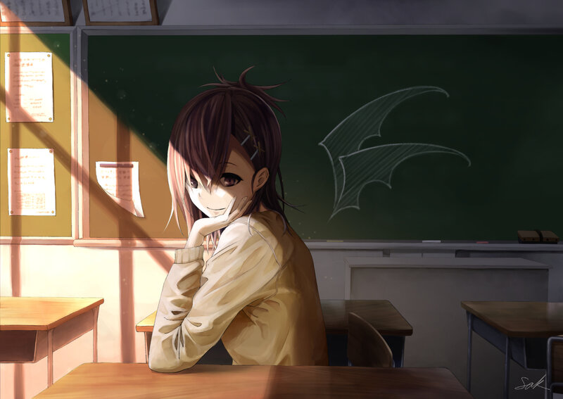 Anime Girl in Classroom — Green, Calm, Afternoon, Digital Art