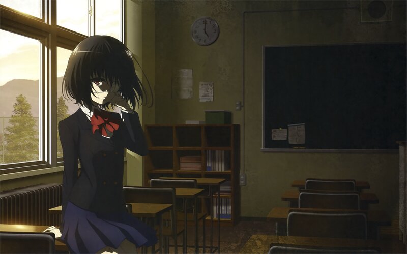 Anime Girl in Classroom — Green, Calm, Sunset