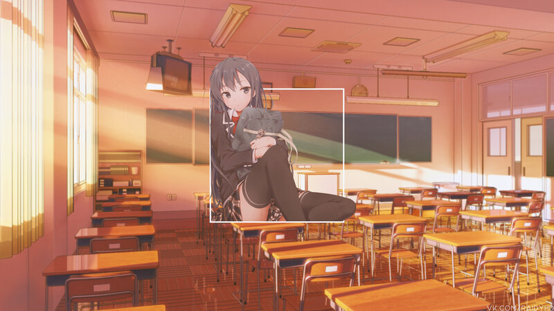 Anime Girl in Classroom — Orange, Calm, Afternoon, Desks