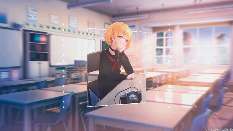 Anime Girl in Classroom — Orange, Calm, Afternoon, Digital Art
