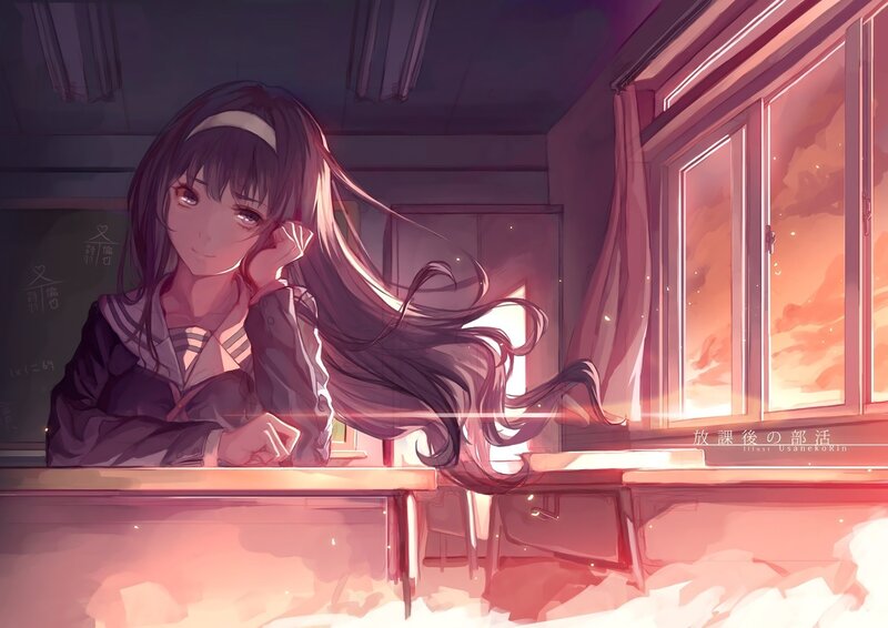 Anime Girl in Classroom — Pink, Calm, Sunset