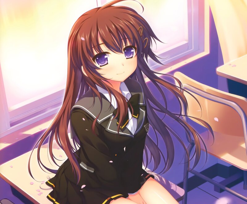 Anime Girl in Classroom — Purple, Calm, Afternoon, School Uniform, Desk, Window