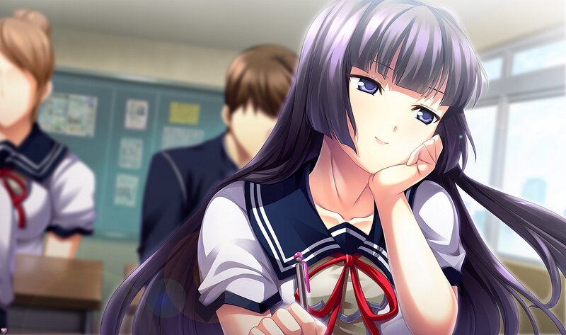 Anime Girl in Classroom — Purple, Calm, Afternoon, School Uniform