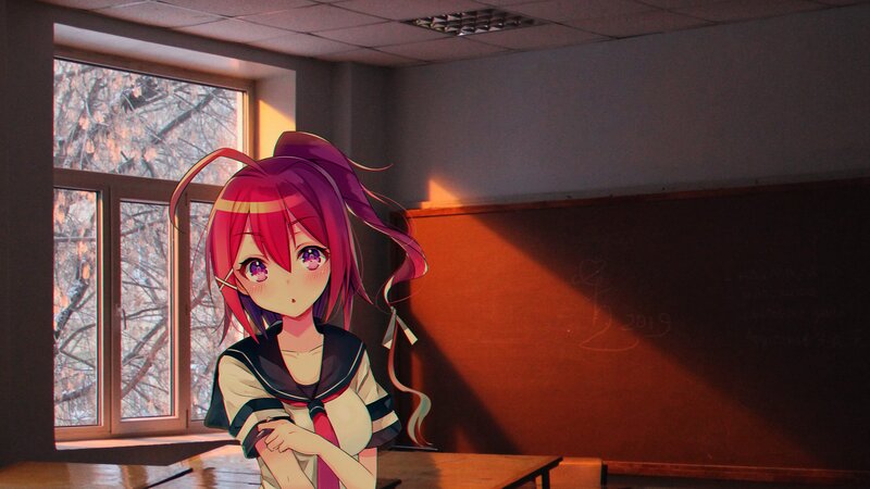 Anime Girl in Classroom — Purple, Calm, Sunset, Digital Art