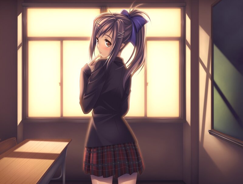 Anime Girl in Classroom — Purple, Calm, Sunset, School Uniform