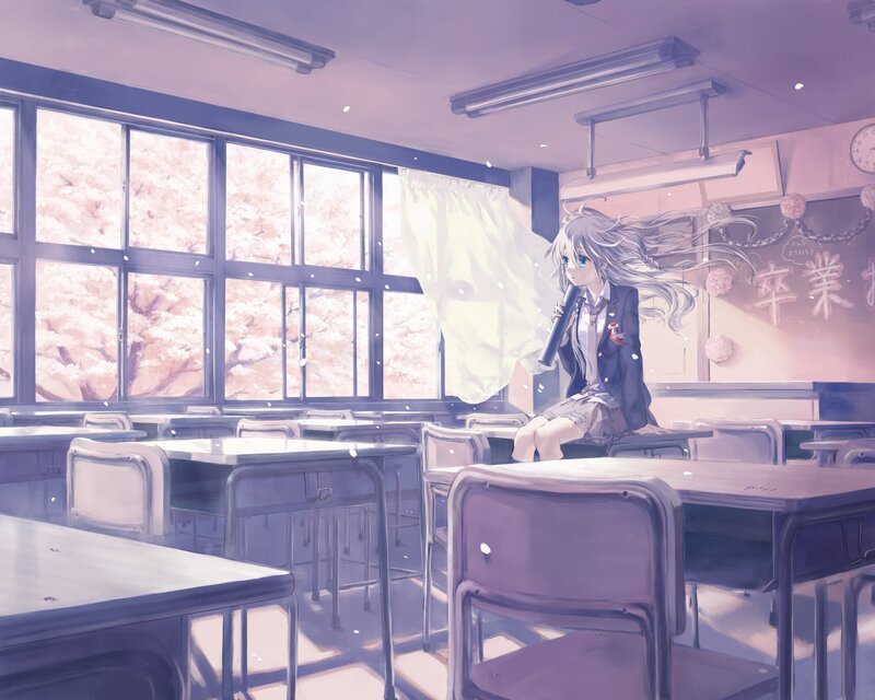 Anime Girl in Classroom — Purple, Serene, Spring