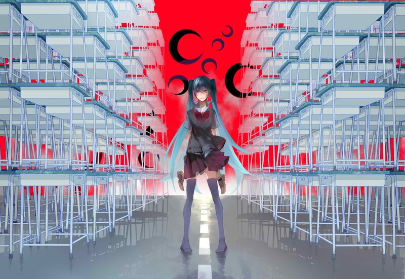 Anime Girl in Classroom — Red, Dramatic, Digital Art