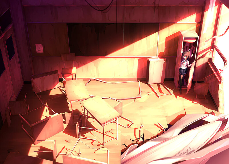 Anime Girl in Classroom — Red, Dramatic, Sunset, Digital Art, Desk