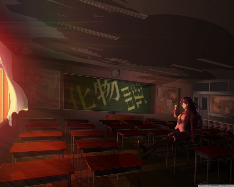 Anime Girl in Classroom — Red, Dramatic, Sunset, Digital Art