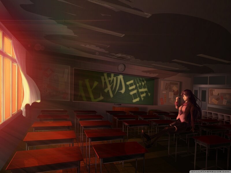 Anime Girl in Classroom — Red, Dramatic, Sunset