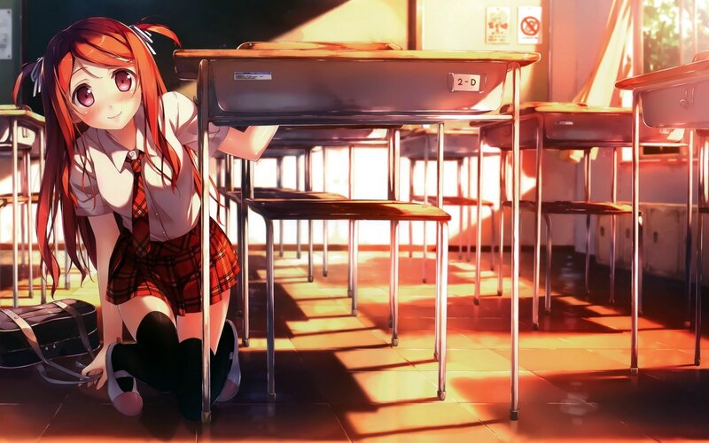 Anime Girl in Classroom — Red, Warm, Afternoon
