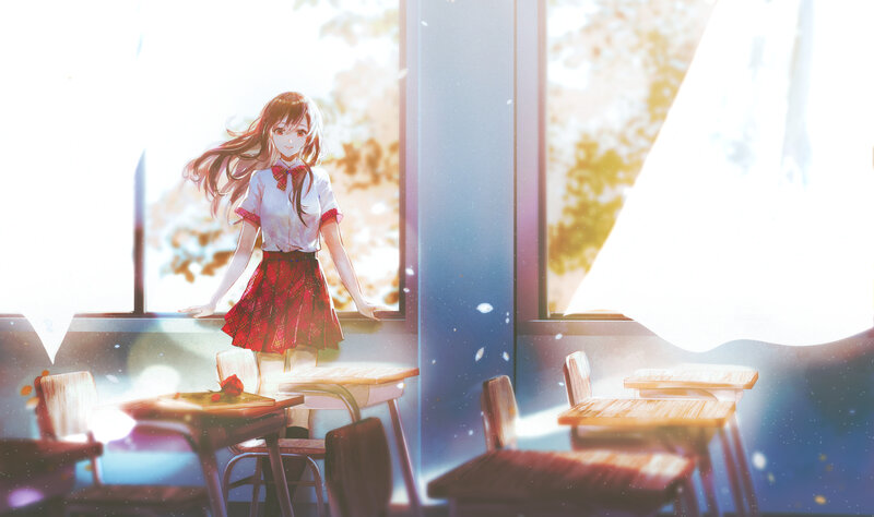 Anime Girl in Classroom — White, Serene, Afternoon, Digital Art