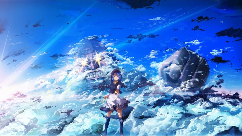 Anime Girl in Clouds — Blue, Dramatic, Afternoon, Digital Art