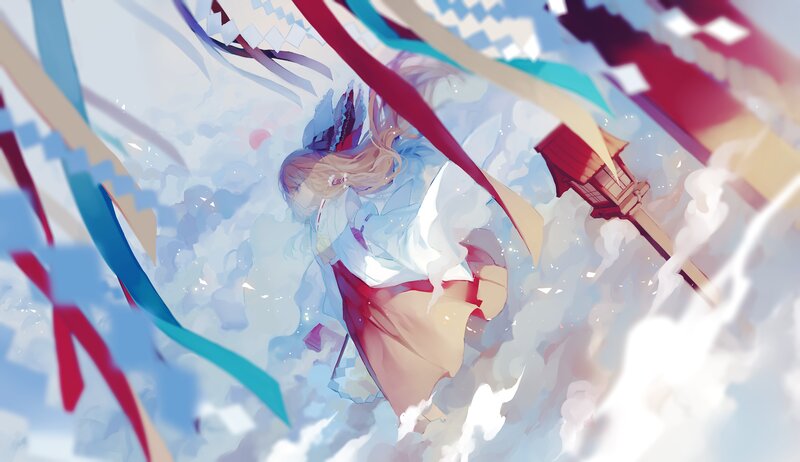 Anime Girl in Clouds — Blue, Serene, Digital Art, Ribbons
