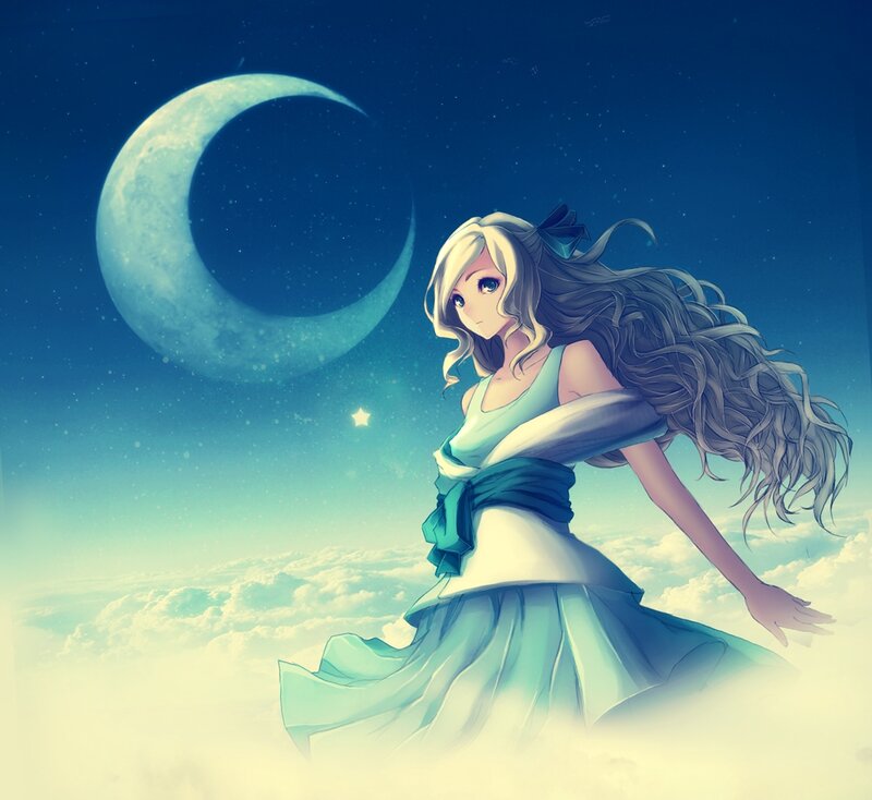 Anime Girl in Clouds — Blue, Serene