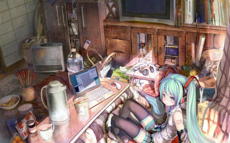 Anime girl in cluttered room