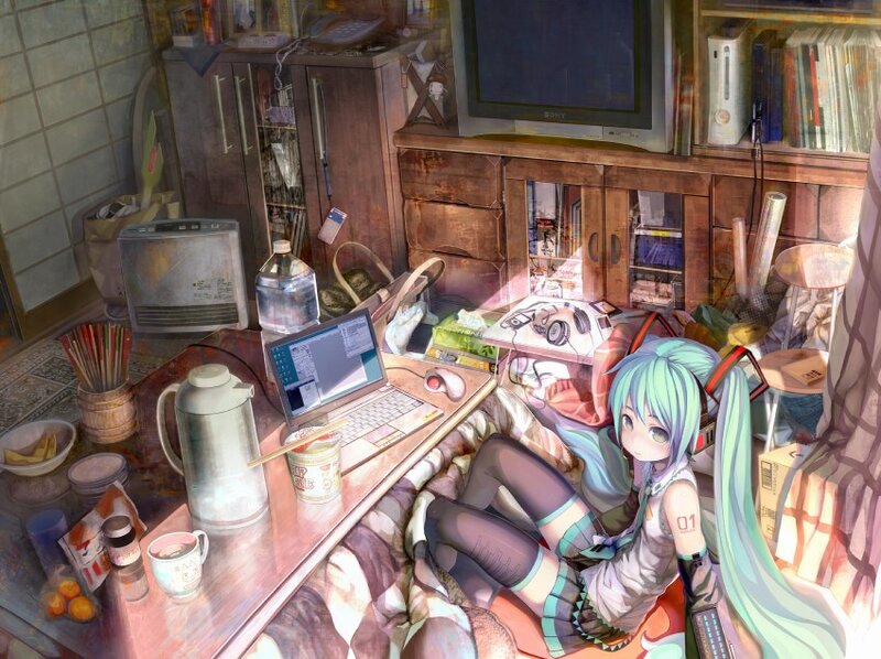 Anime girl in cluttered room