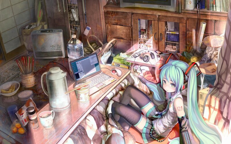Anime girl in cluttered room
