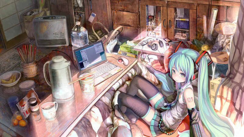 anime girl in cluttered room