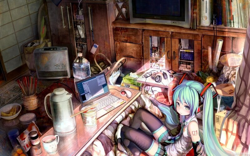 Anime girl in cluttered room