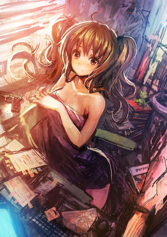 anime girl in cluttered room