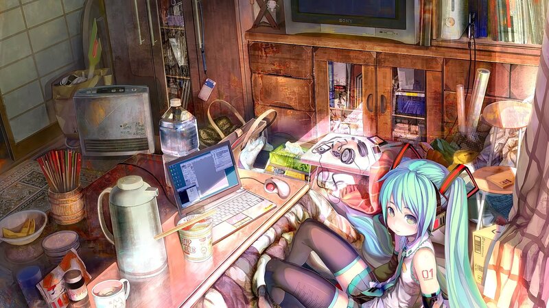 Anime Girl in Cluttered Room — Blue, Calm
